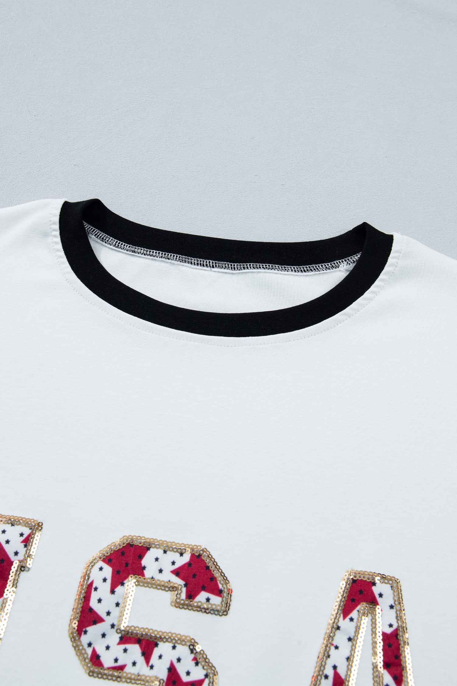 White USA Sequin Color Block Trim Loose T Shirt