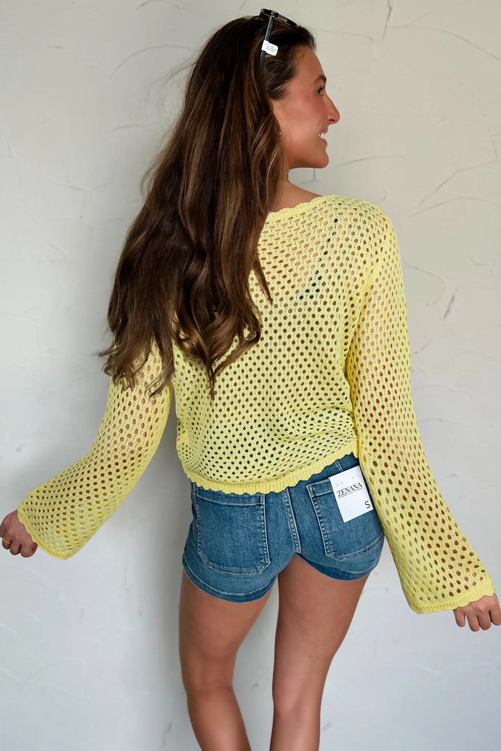 Yellow Cream Scalloped Trim Hollow Out Knit Long Sleeve Top