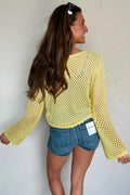 Yellow Cream Scalloped Trim Hollow Out Knit Long Sleeve Top