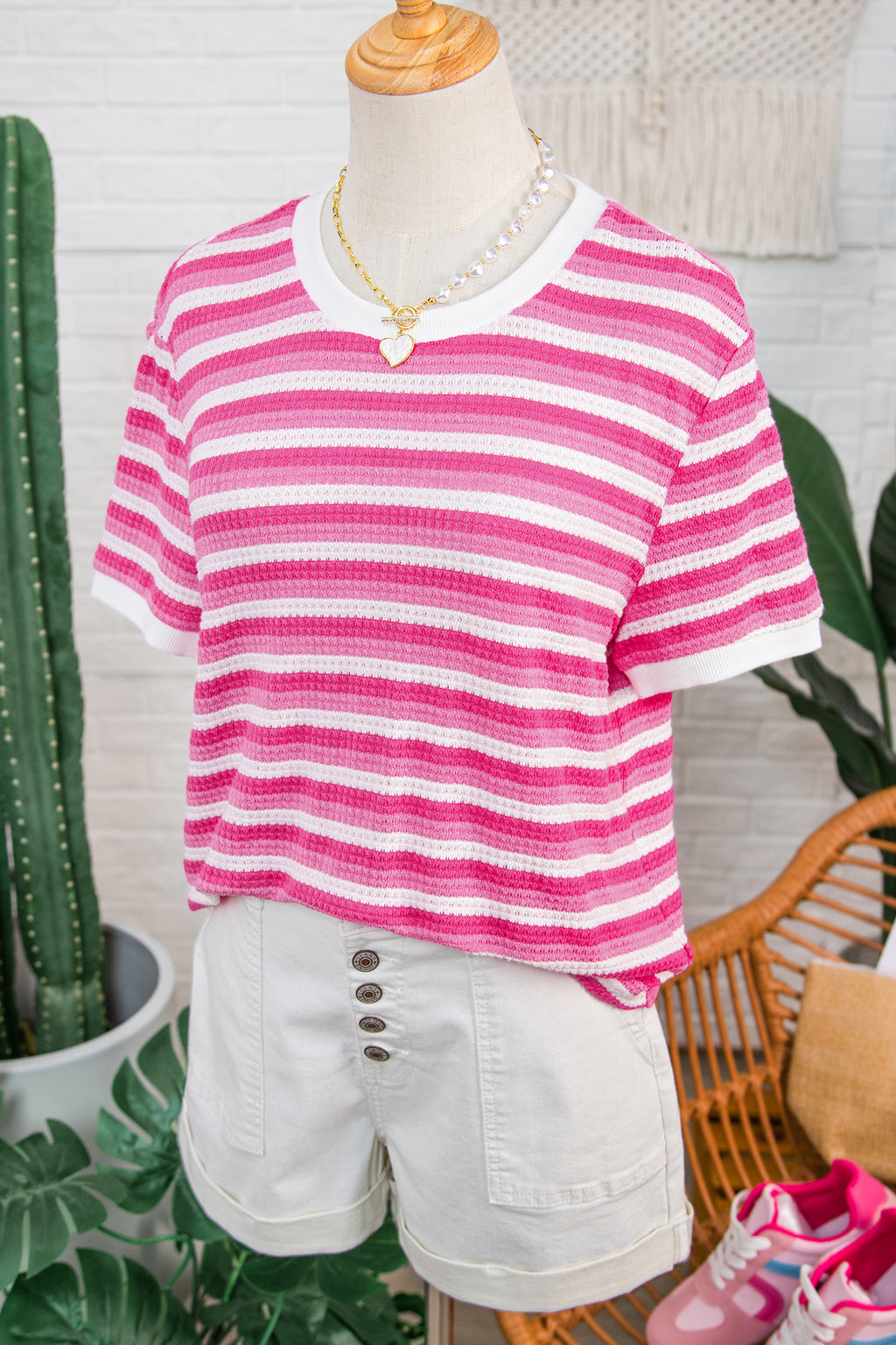 Sachet Pink Textured Knit Short Sleeve Crossed Detail Tee