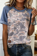 Multicolour Camouflage Print Denim Color Block Sleeve Casual Tee
