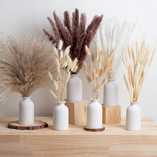 White Ceramic Bud Vase Set of 6 with 100PCS Dried Pampas Grass Flowers, Boho Aesthetic Small Vases in Bulk for Wedding Centerpieces Living Room Decorations Dinner Party Decor