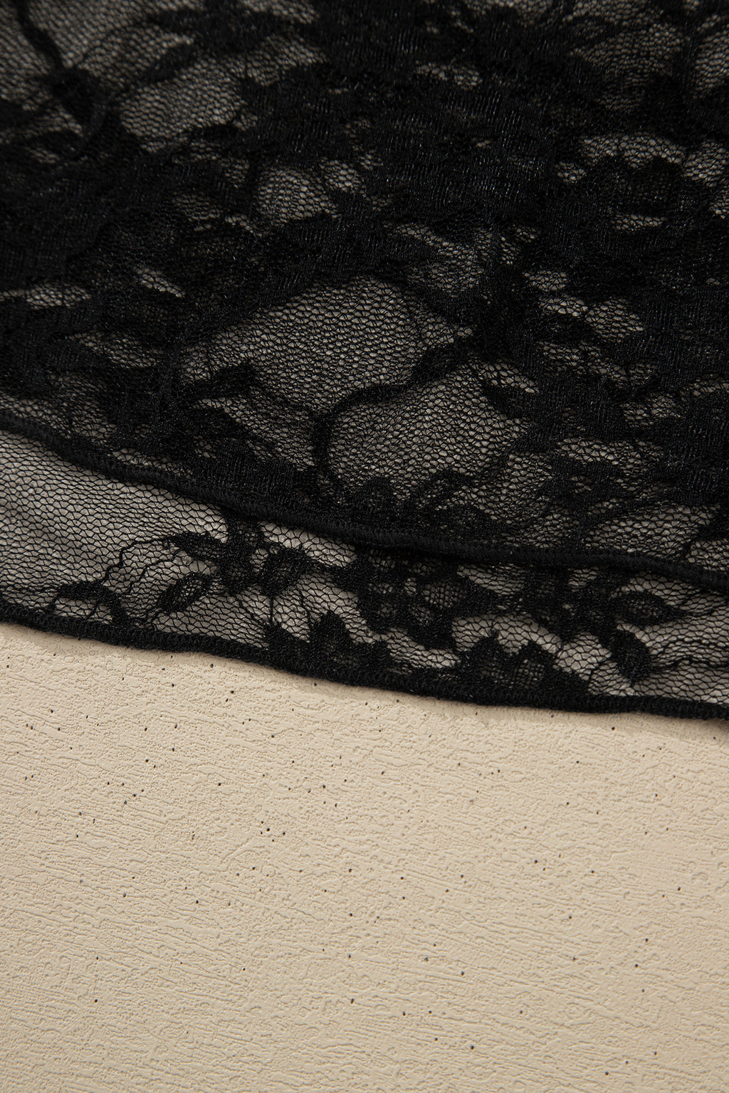 Black Sheer Floral Lace Lettuce Trim Mock Neck Long Sleeve Top