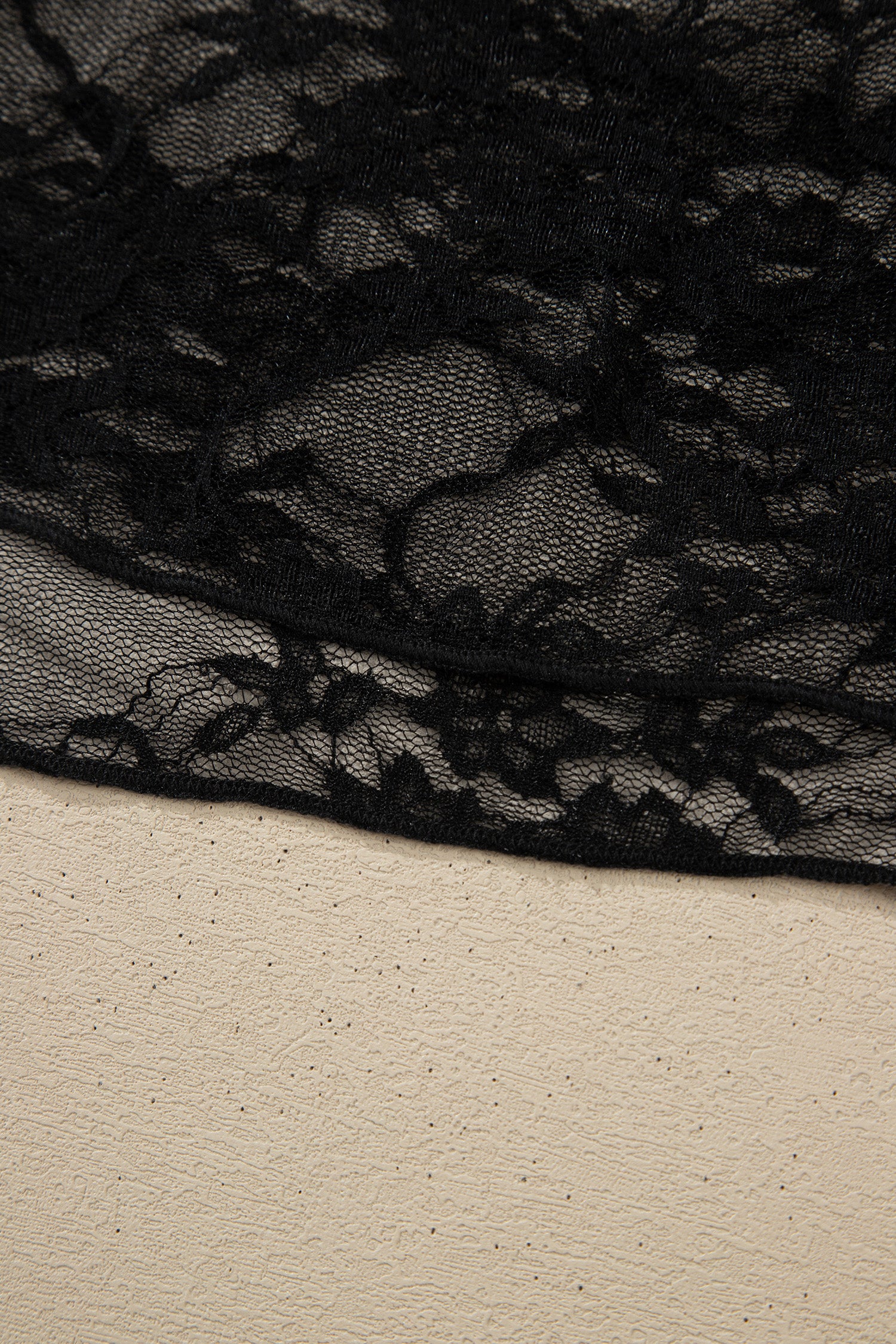 Black Sheer Floral Lace Lettuce Trim Mock Neck Long Sleeve Top