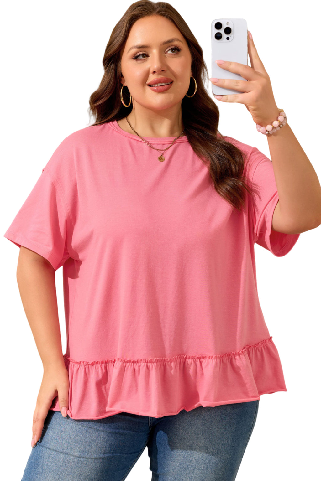 Peach Blossom Solid Color Raw Seam Detail Ruffle Hem Plus Size T Shirt