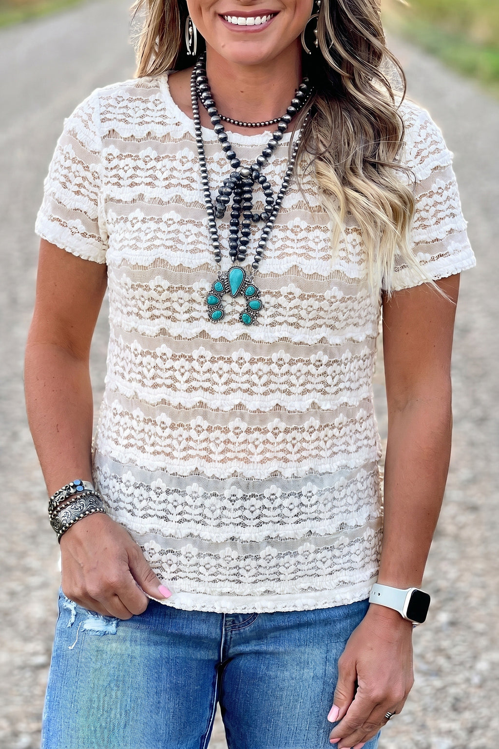 White Sheer Lace Short Sleeve Top