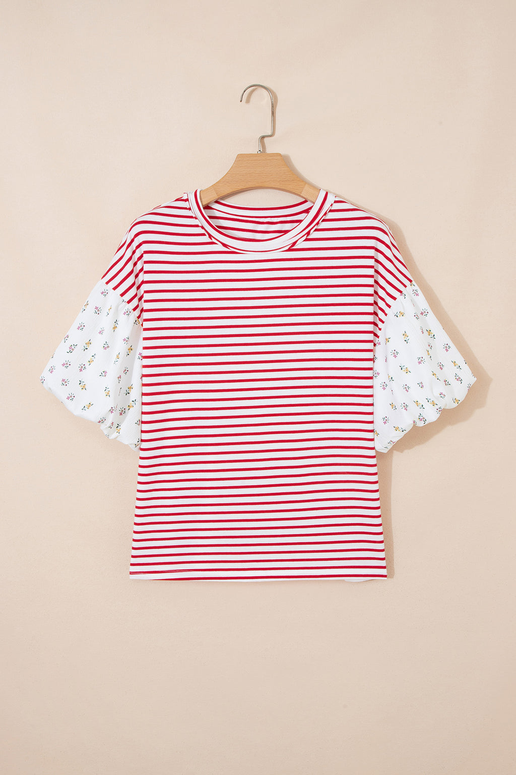 Red Stripe Floral Puff Sleeve Patchwork Round Neck Loose Top