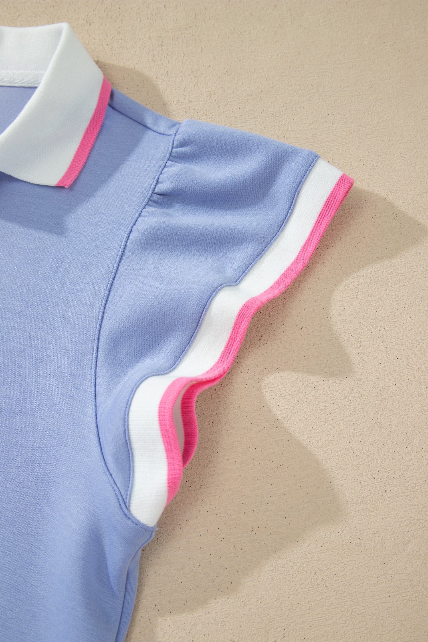 Sky Blue Preppy Striped Trim V Neck Polo Tee Drawstring Skirt Set