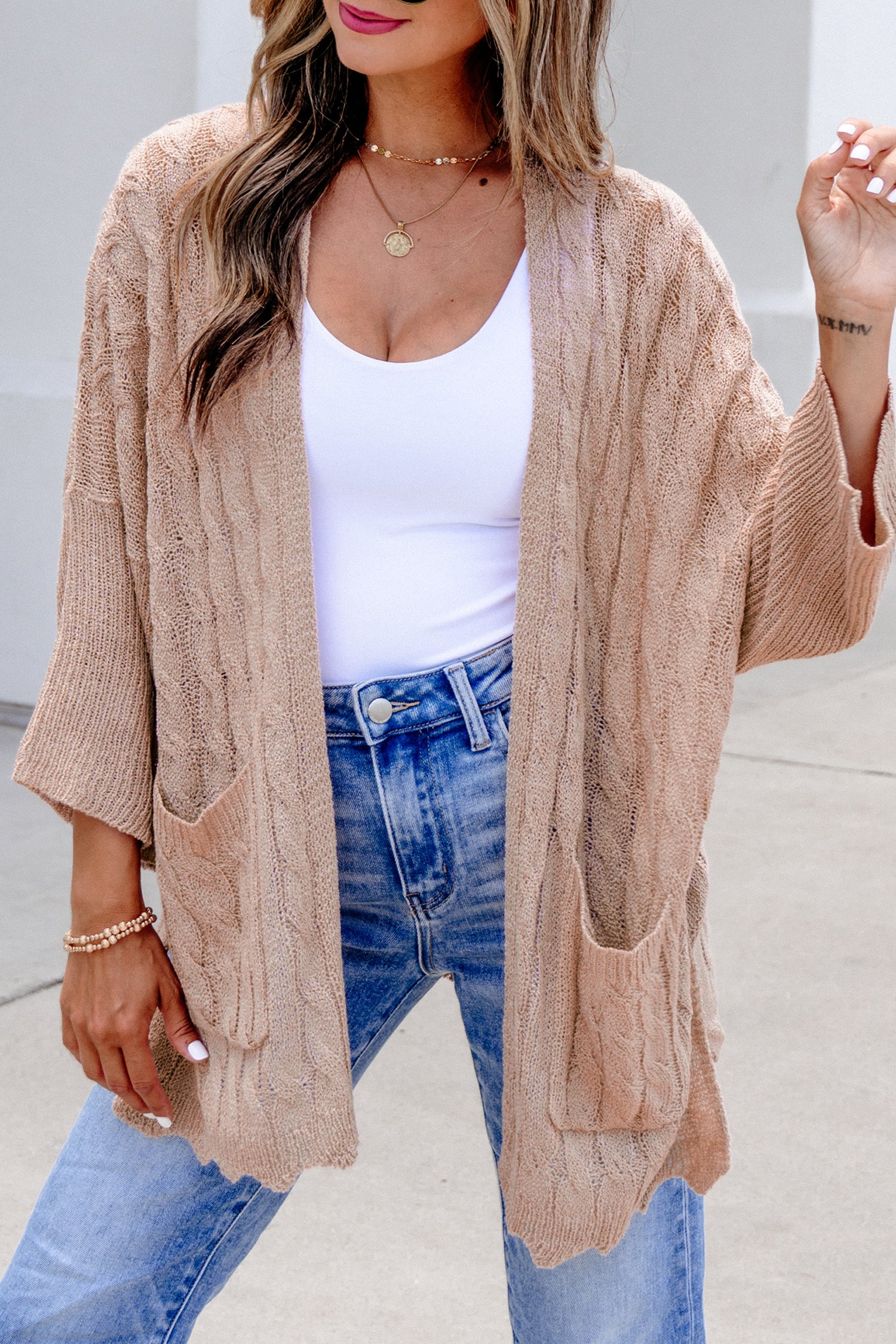 Pink Drop Shoulder Crochet Knit Open Front Cardigan