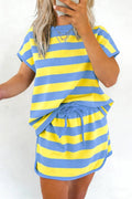 Yellow Stripe Dolman Tee Drawstring Skort Athletic 2pcs Set