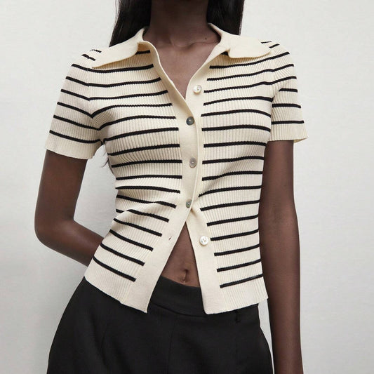French Striped Short Sleeved Western-style Knitted Fabric