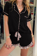 Black Leopard Patchwork Trim Lapel Shirt Drawstring Shorts 2pcs Pajama Set