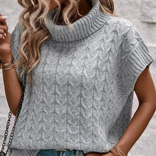 Medium Grey Cable Knit Turtleneck Batwing Sleeve Sweater