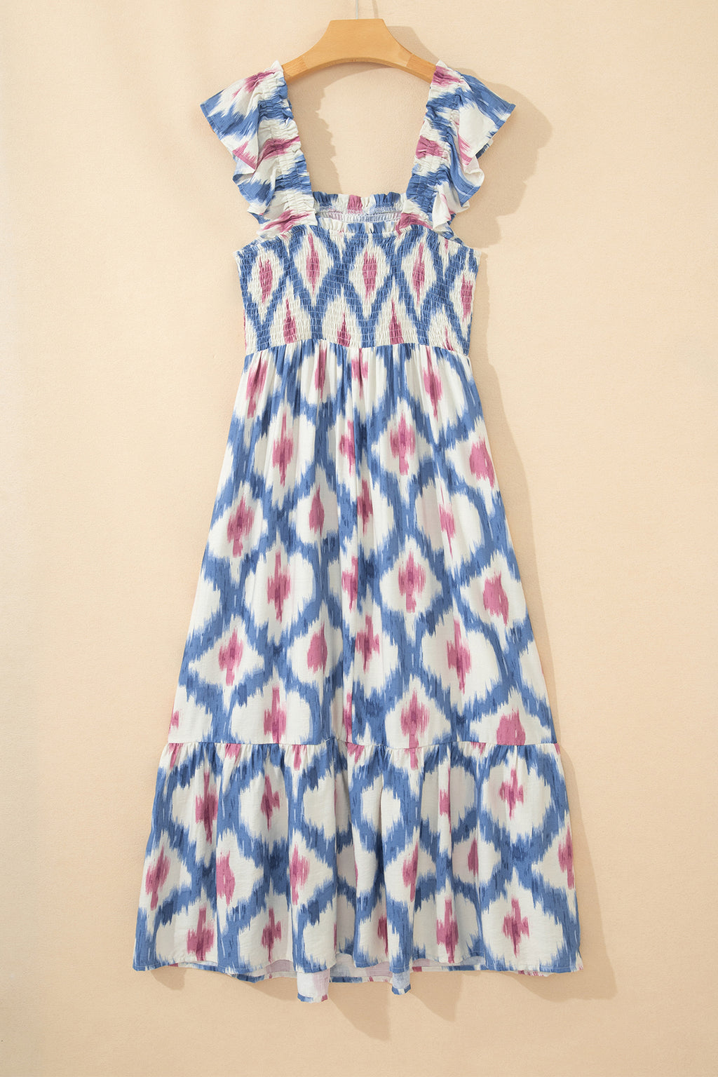 Sky Blue Ethnic Geometric Print Square Neck Smocked High Waist Ruffle Sleeve Dress