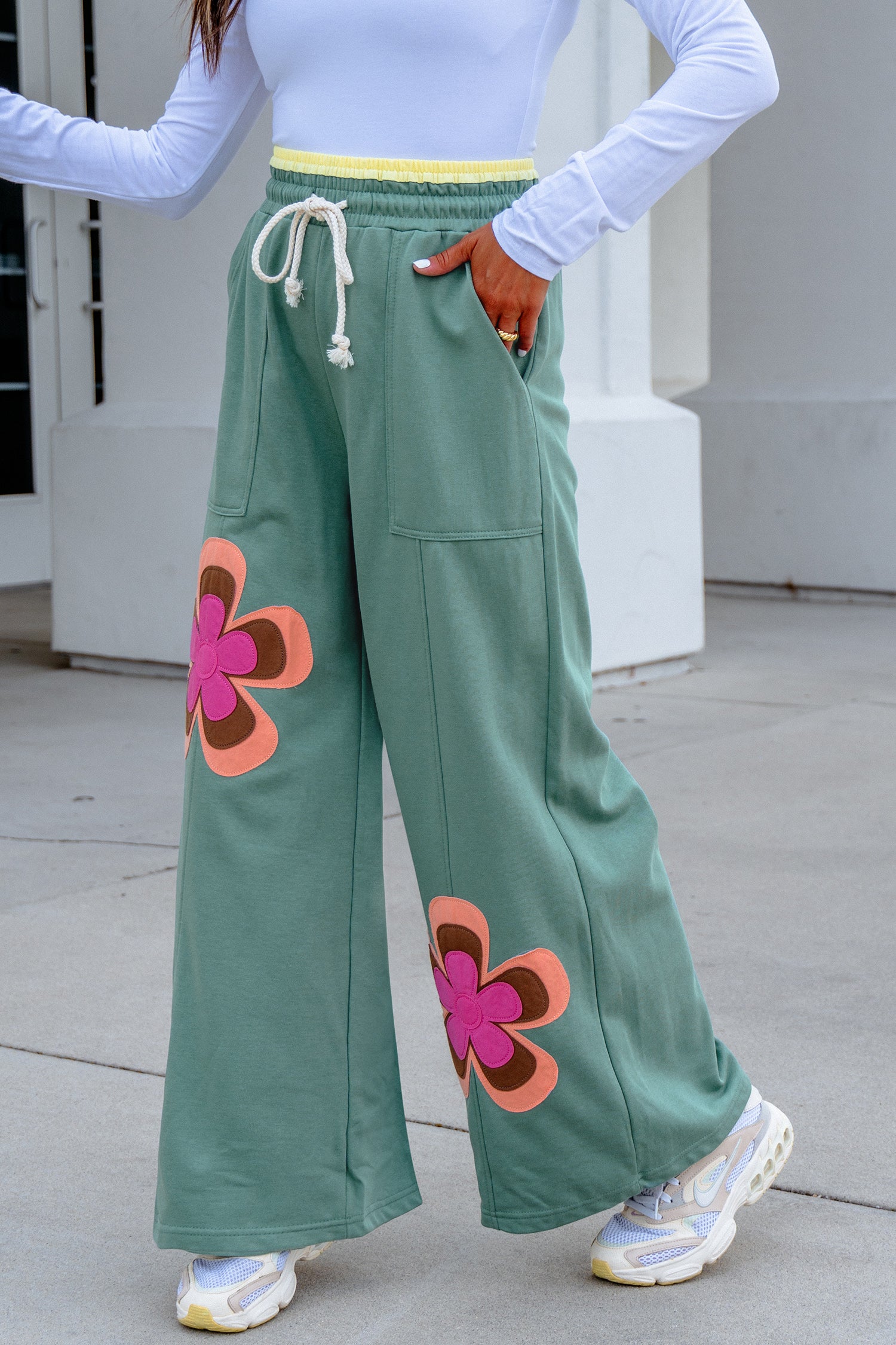 Sky Blue Color Block Flower Patchwork Drawstring Contrasted Elastic Waist Wide Leg Pants