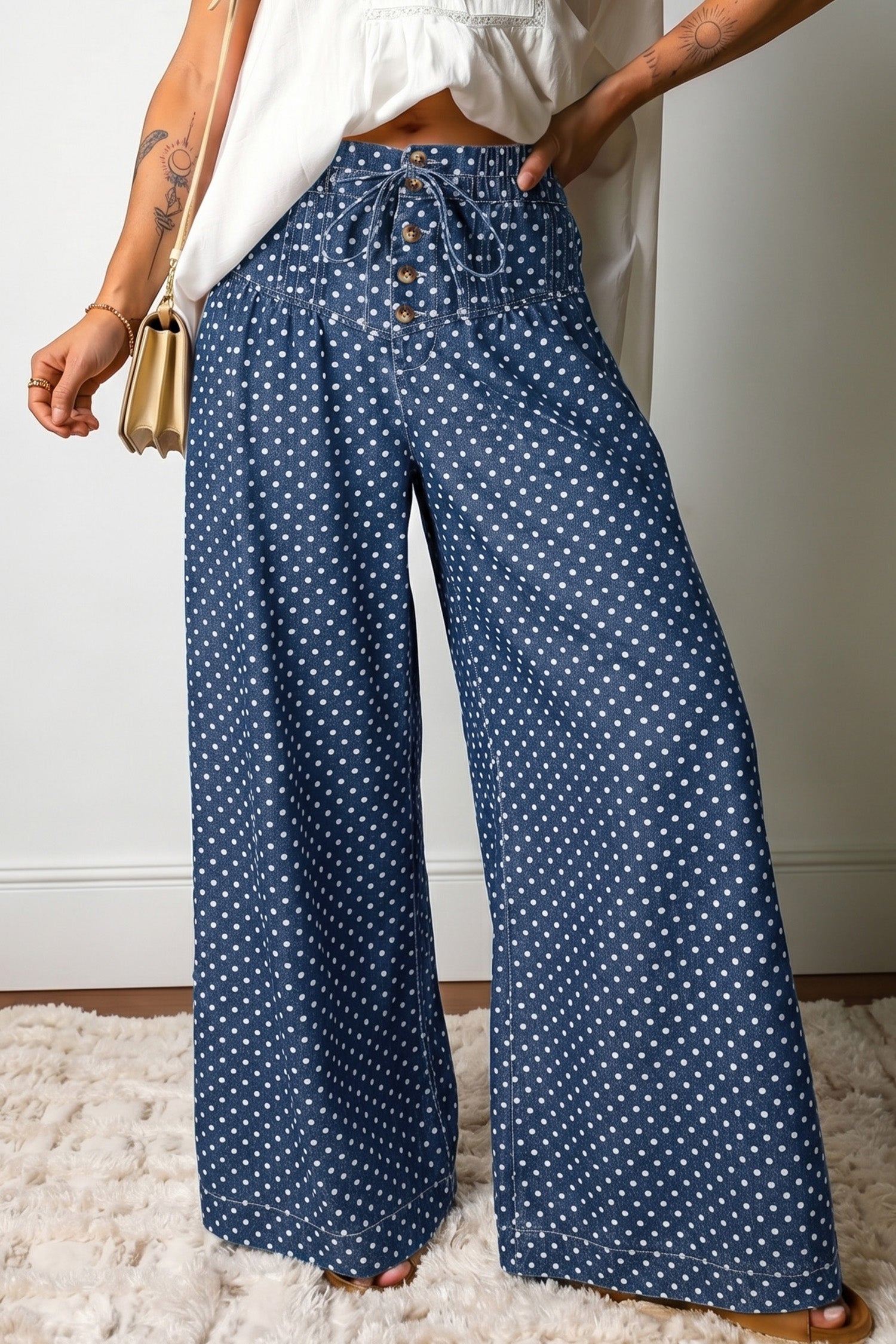 Sky Blue Polka Dot Print Button Pleated Detail Wide Leg Jeans