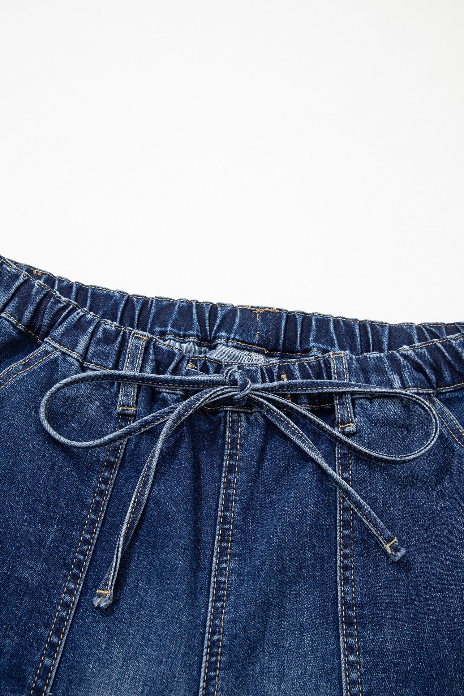 Prussian Blue Drawstring Seam Detail Raw Hem Wide Leg Denim Pants