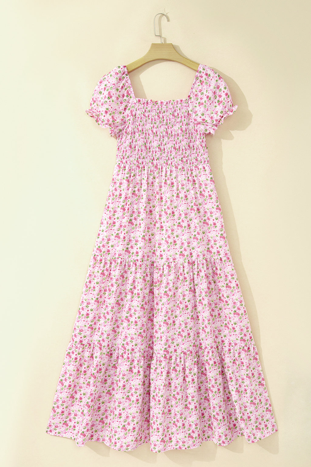 Pink Floral Short Bubble Sleeve Shirred High Waist Maxi Dress