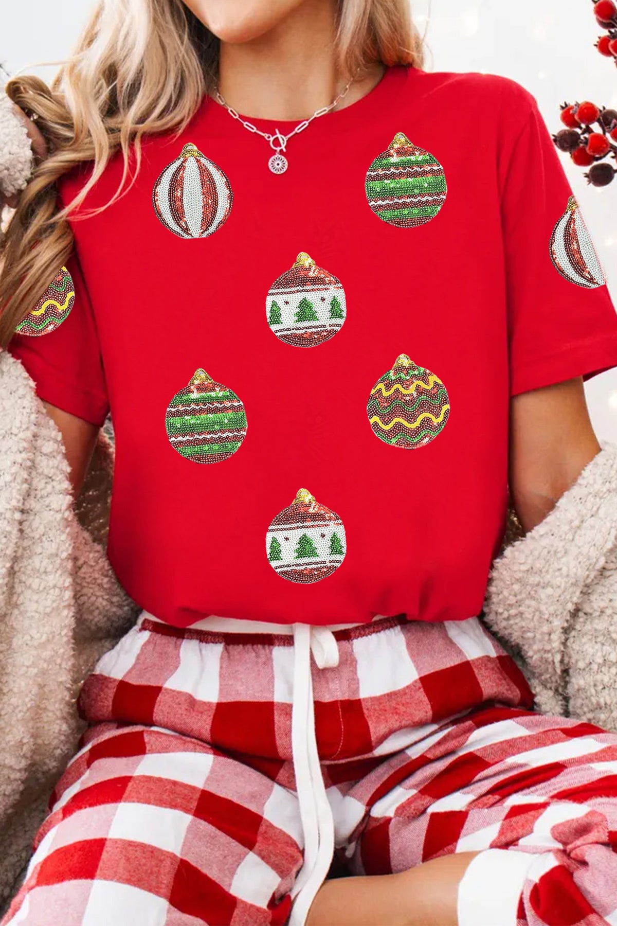 Red Christmas Ornament Bulbs Sequin Graphic Tee