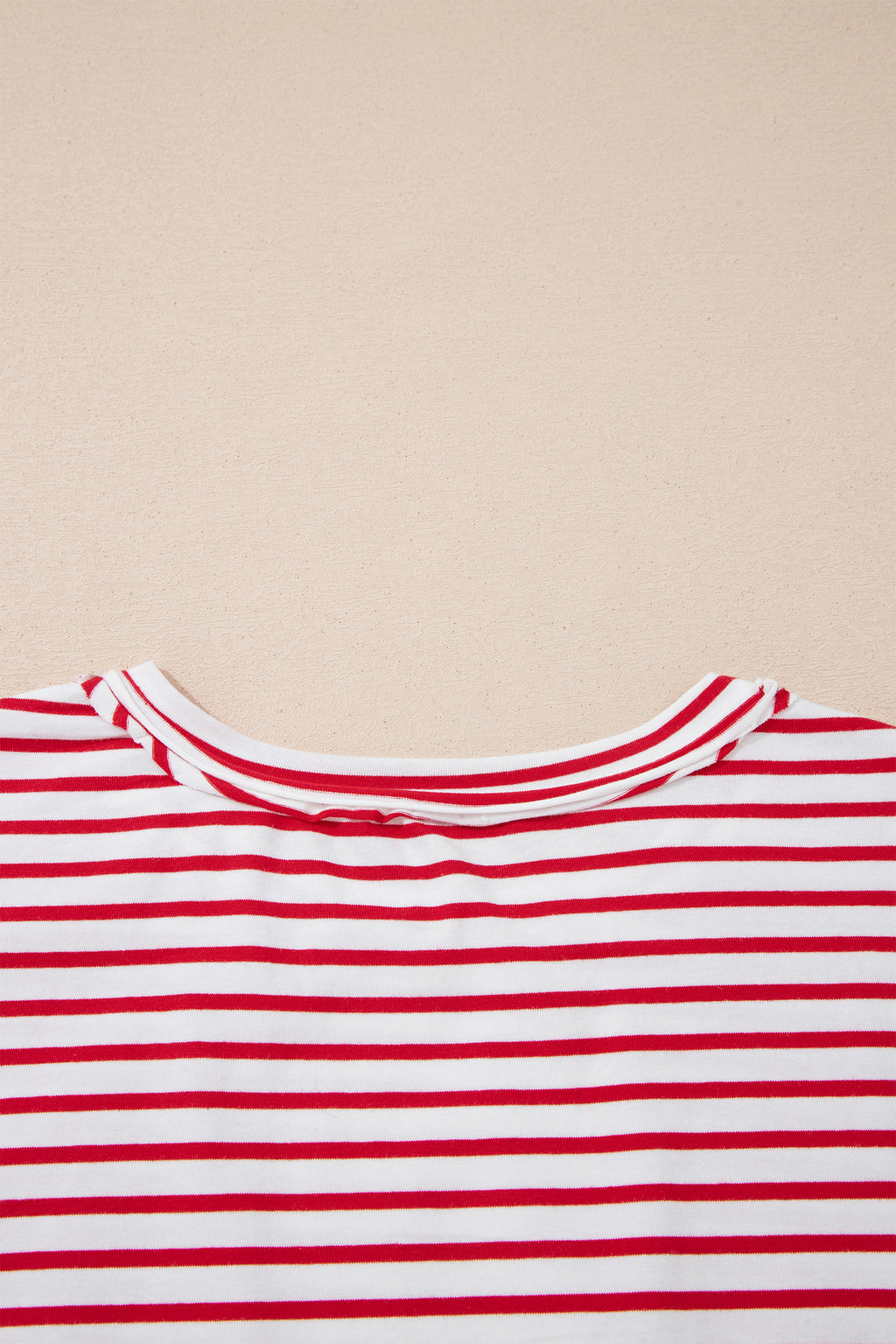 Red Stripe Floral Puff Sleeve Patchwork Round Neck Loose Top