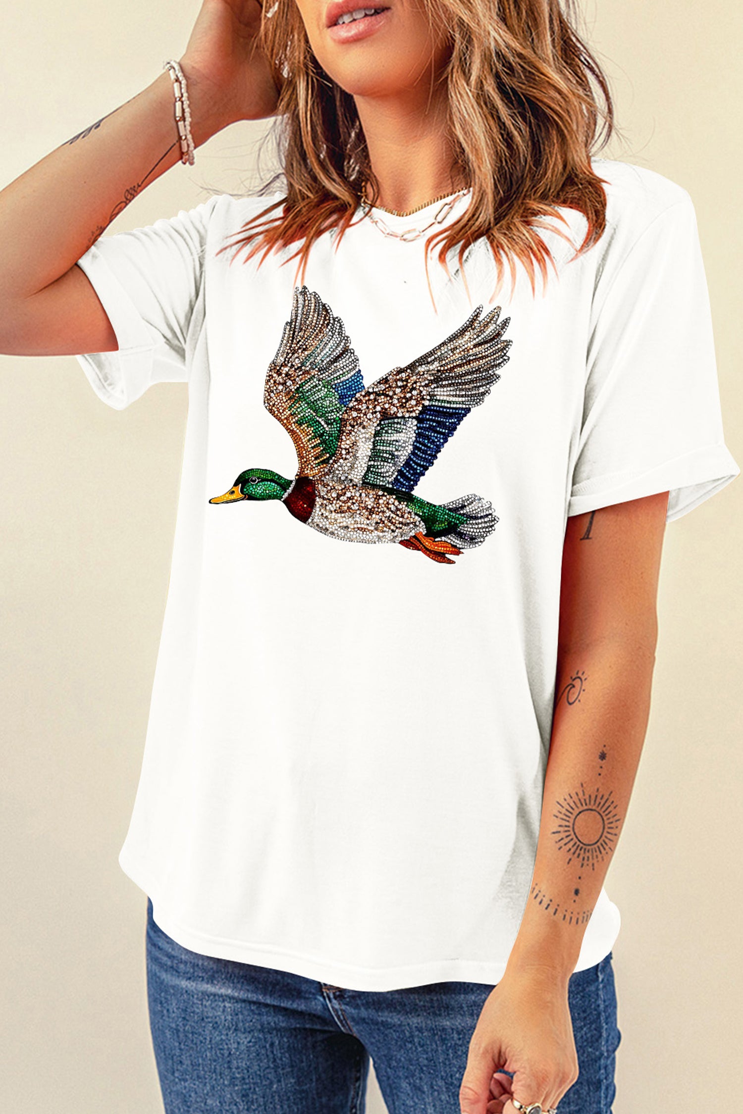 White Flying Mallard Print Crew Neck T Shirt