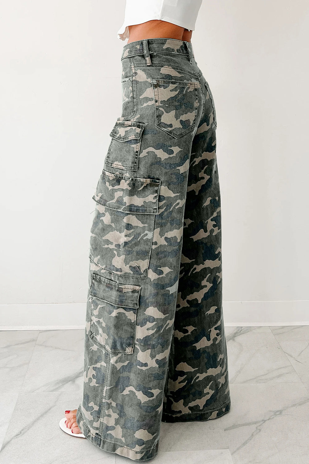 Green Camo Denim Cargo Wide Leg Pants