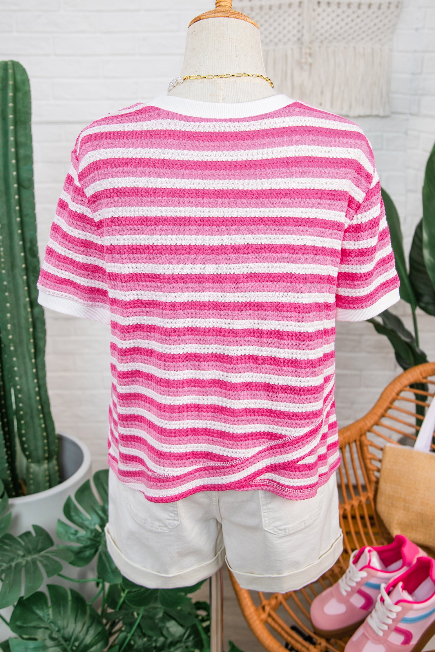 Sachet Pink Textured Knit Short Sleeve Crossed Detail Tee
