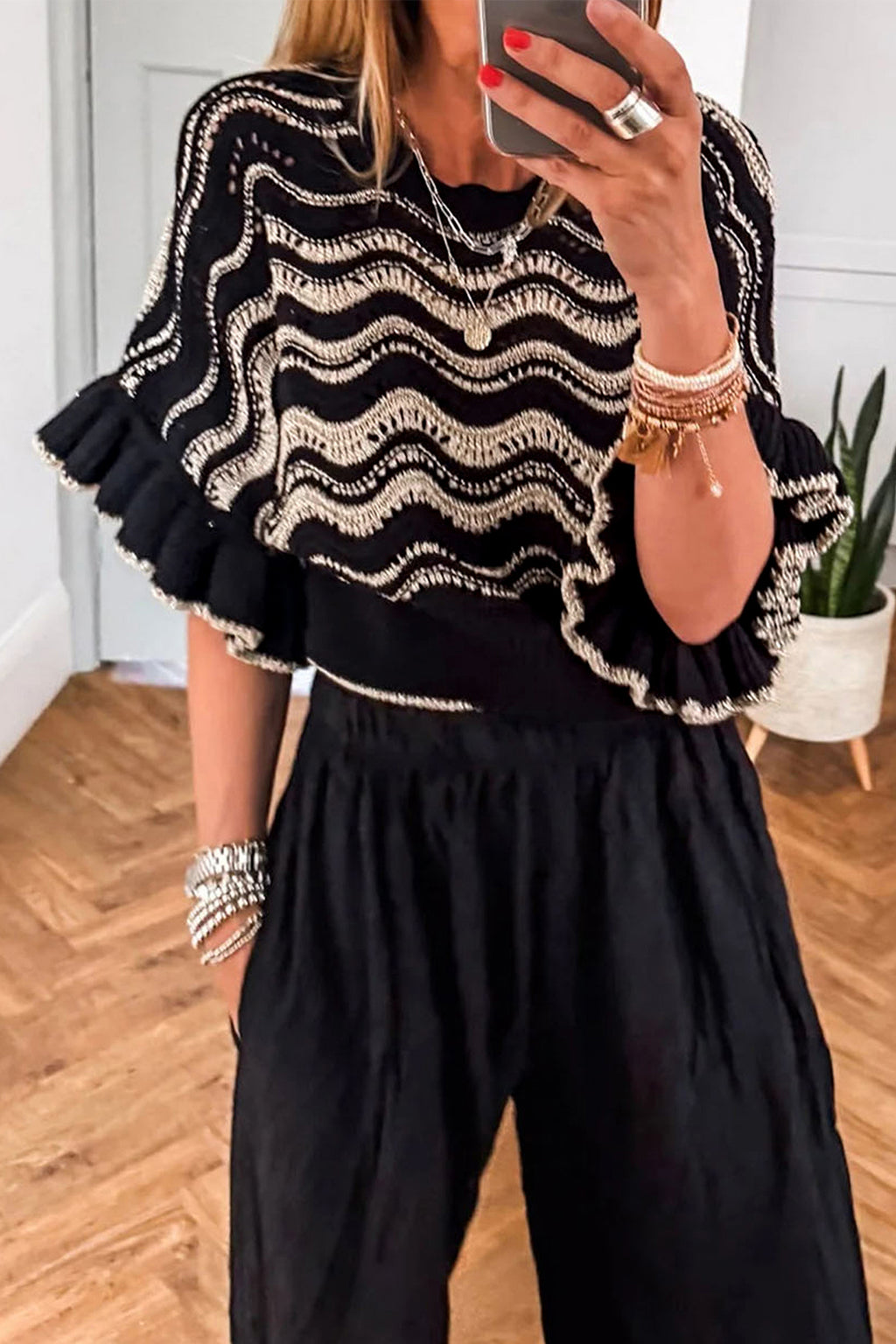 Black Stripe Wavy Crochet Eyelet Detail Ruffle Half Sleeve Sweater