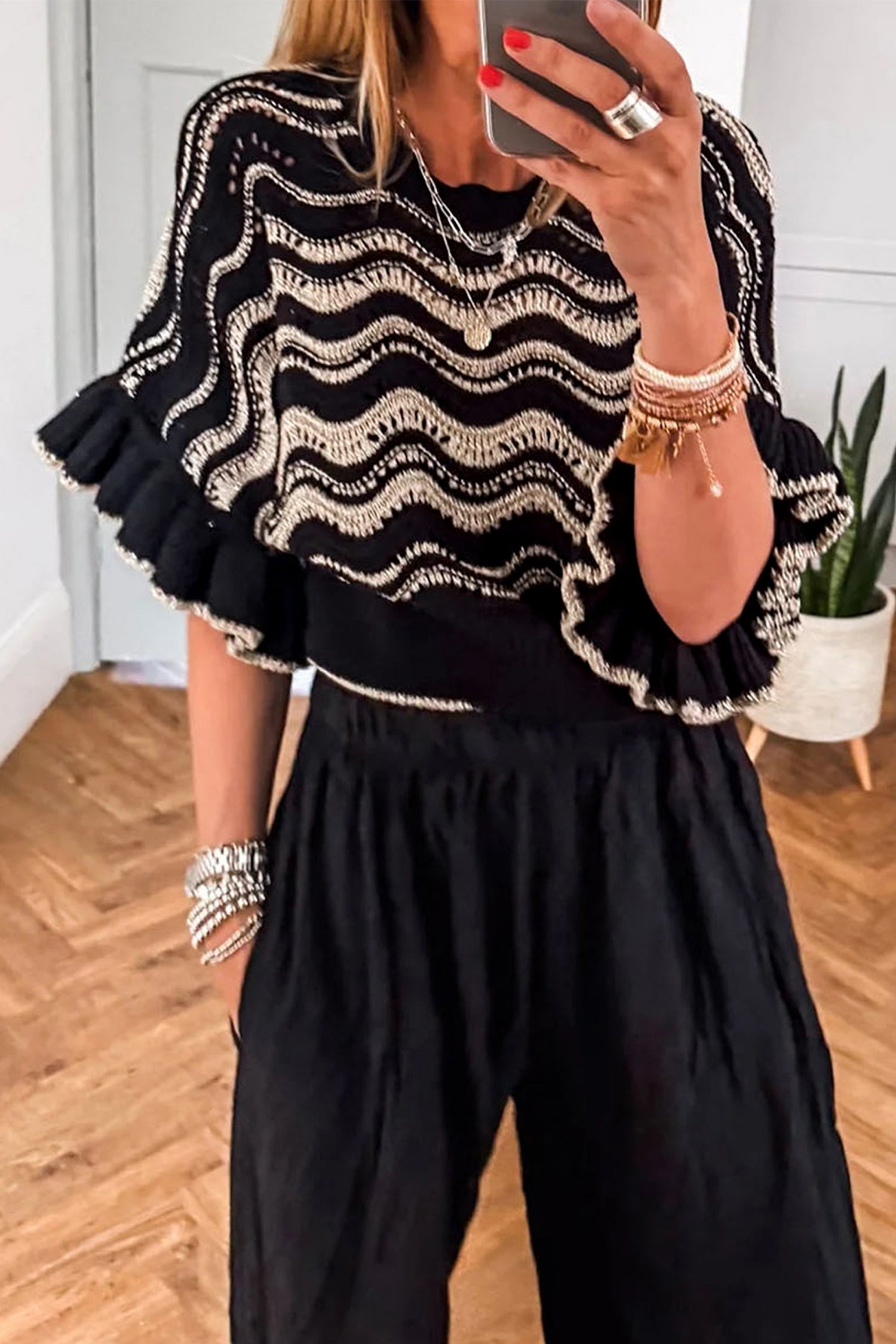 Black Stripe Wavy Crochet Eyelet Detail Ruffle Half Sleeve Sweater
