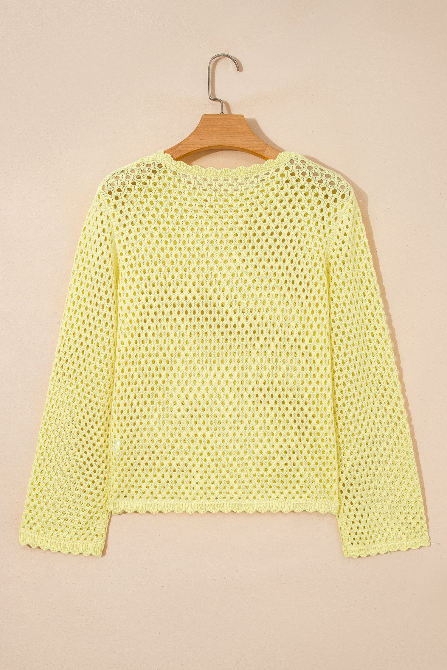 Yellow Cream Scalloped Trim Hollow Out Knit Long Sleeve Top
