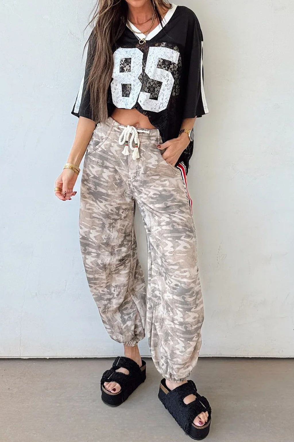 Khaki Camouflage Print Striped Side Panel Patchwork Drawstring Pants