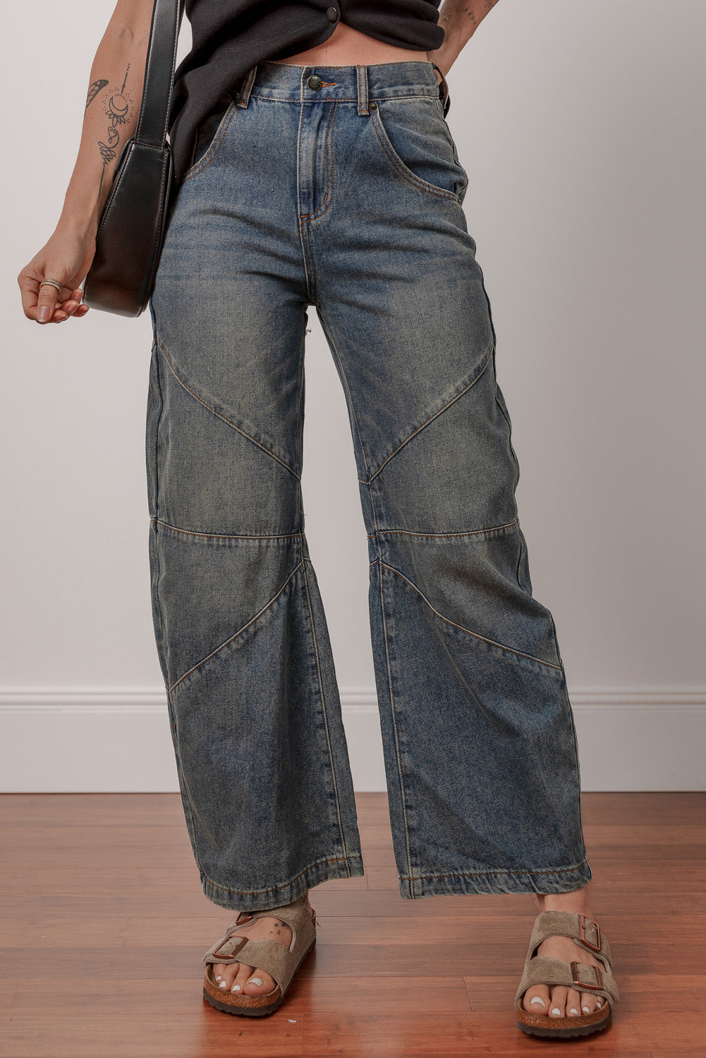Sail Blue Exposed Stitching Loose Straight High Waist Barrel Jeans