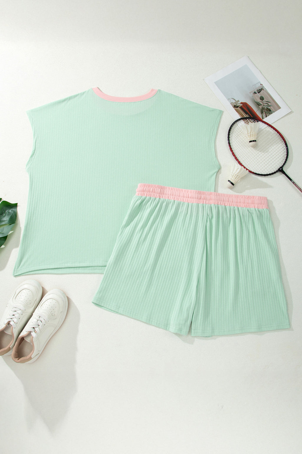 Clearly Aqua Plus Size Ribbed Color Block Trim Drawstring Shorts 2pcs Set