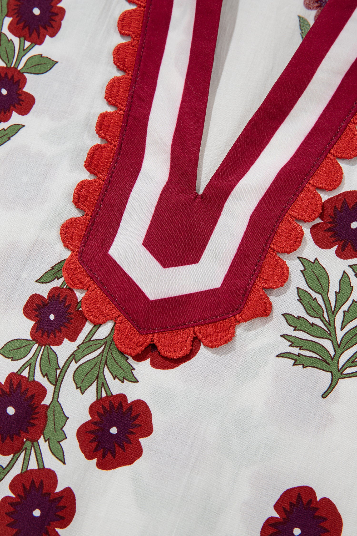 White Plus Size Floral Print Ricrac Striped Trim Short Sleeve Cotton Blouse