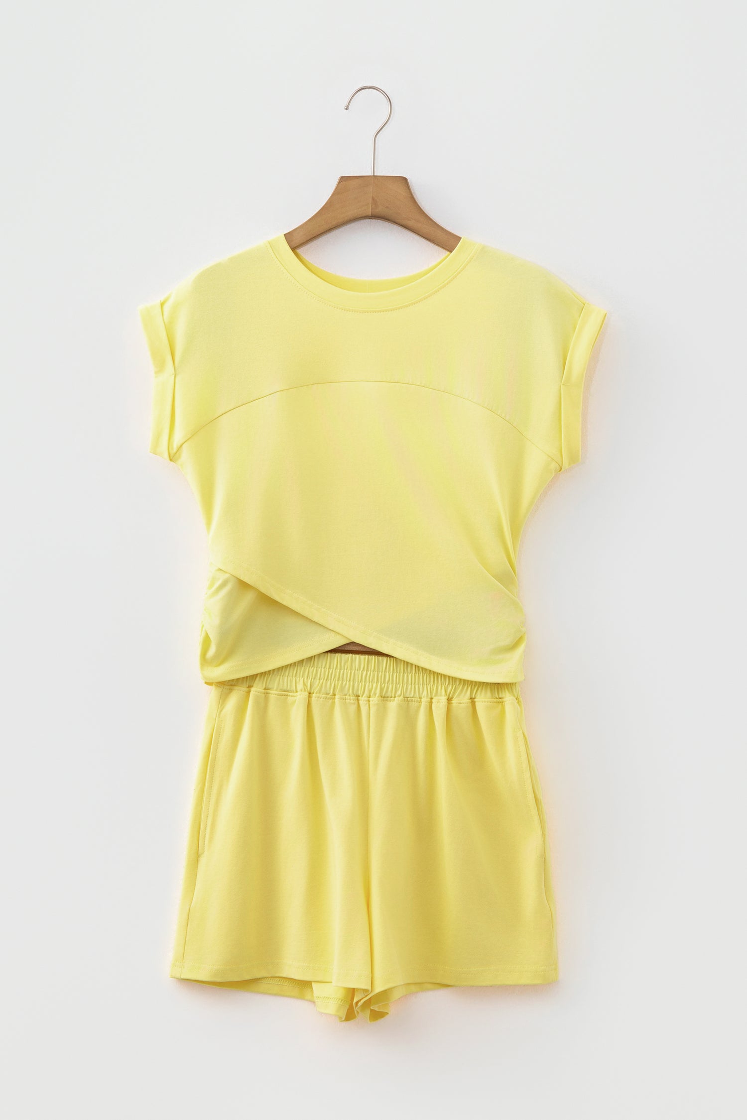 Yellow Cream Solid Short Sleeve Elastic Waist Pocket Casual Two Piece Short Set