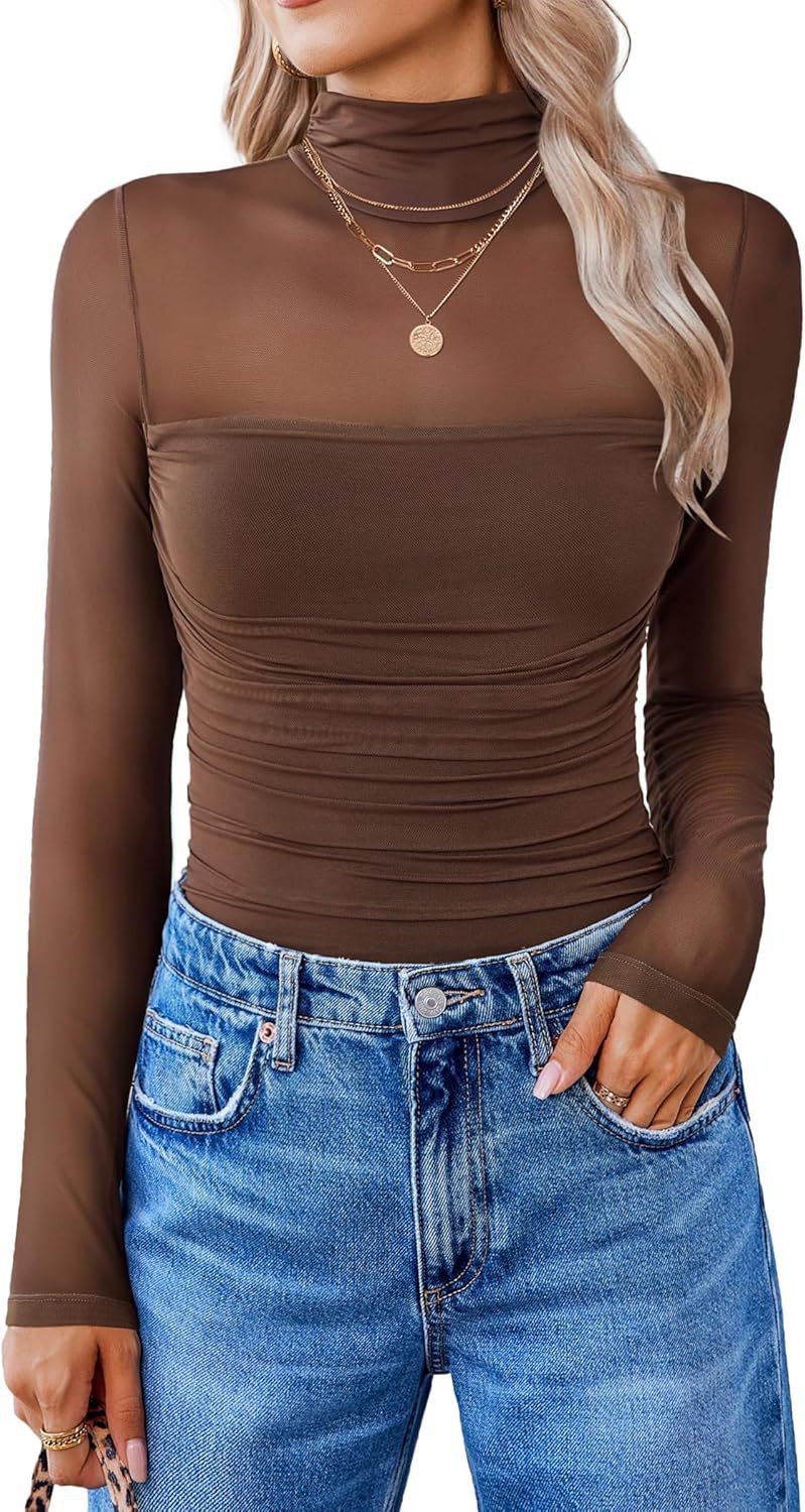 Round Neck Mesh Stitching Sheer Long Sleeve