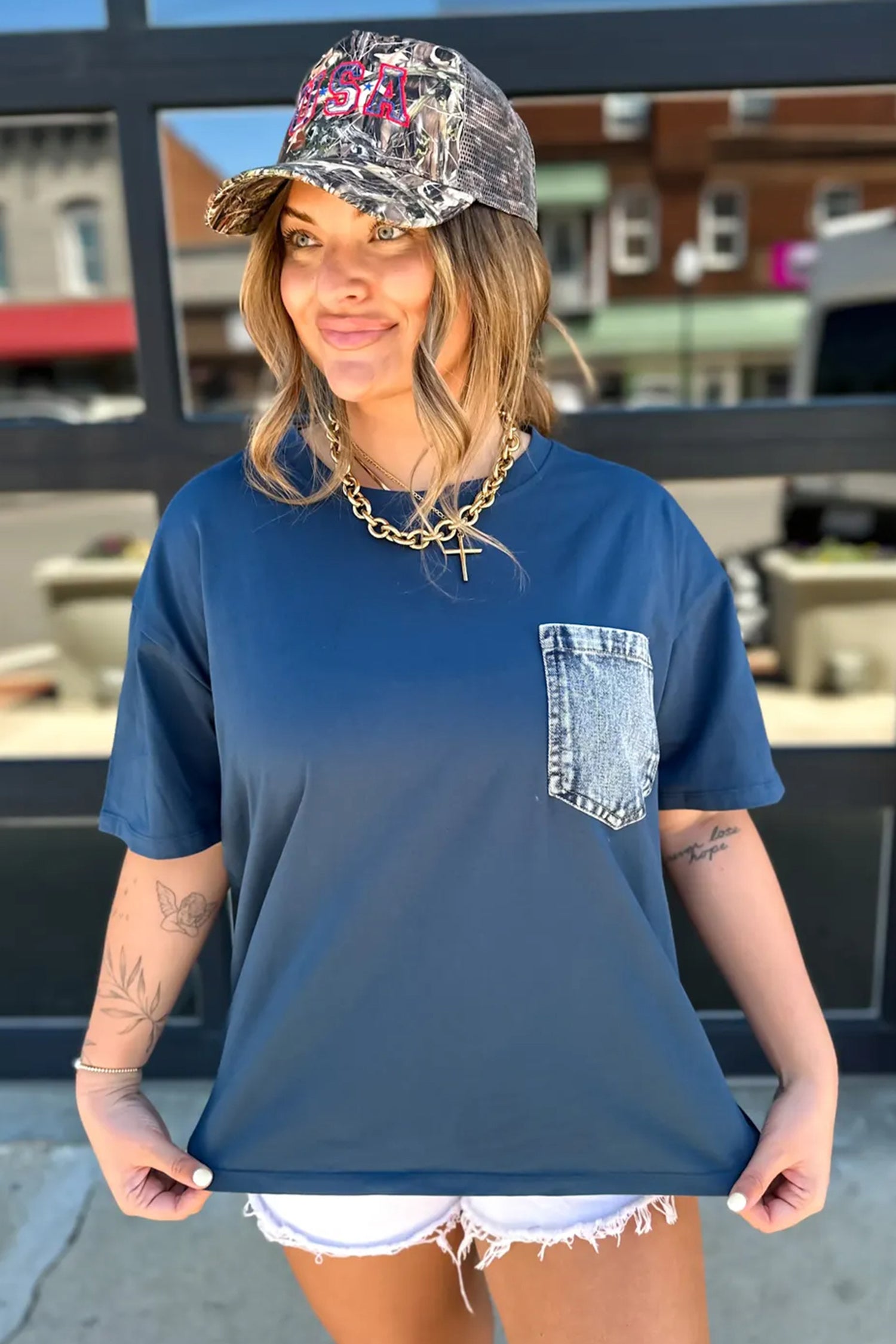 Sail Blue Color Block Chest Pocket Patched Casual Short Sleeve Top