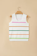 White Stripe Round Neck Knitted Sweater Tank