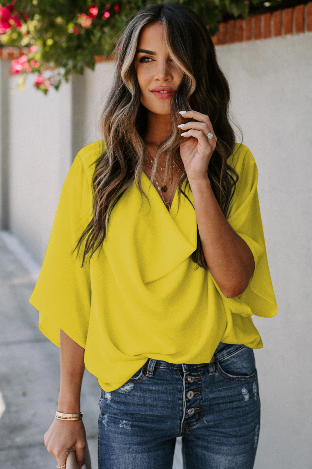 Golden Glow Women's Casual Summer Sleeve Wrap V Neck Draped Blouses
