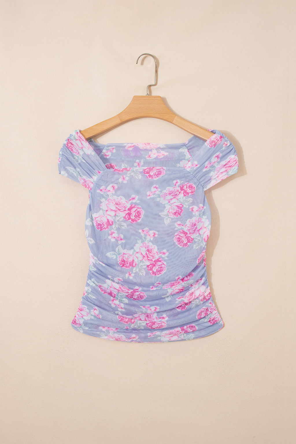 Sky Blue Square Neck Cap Sleeve Ruched Floral Mesh Top