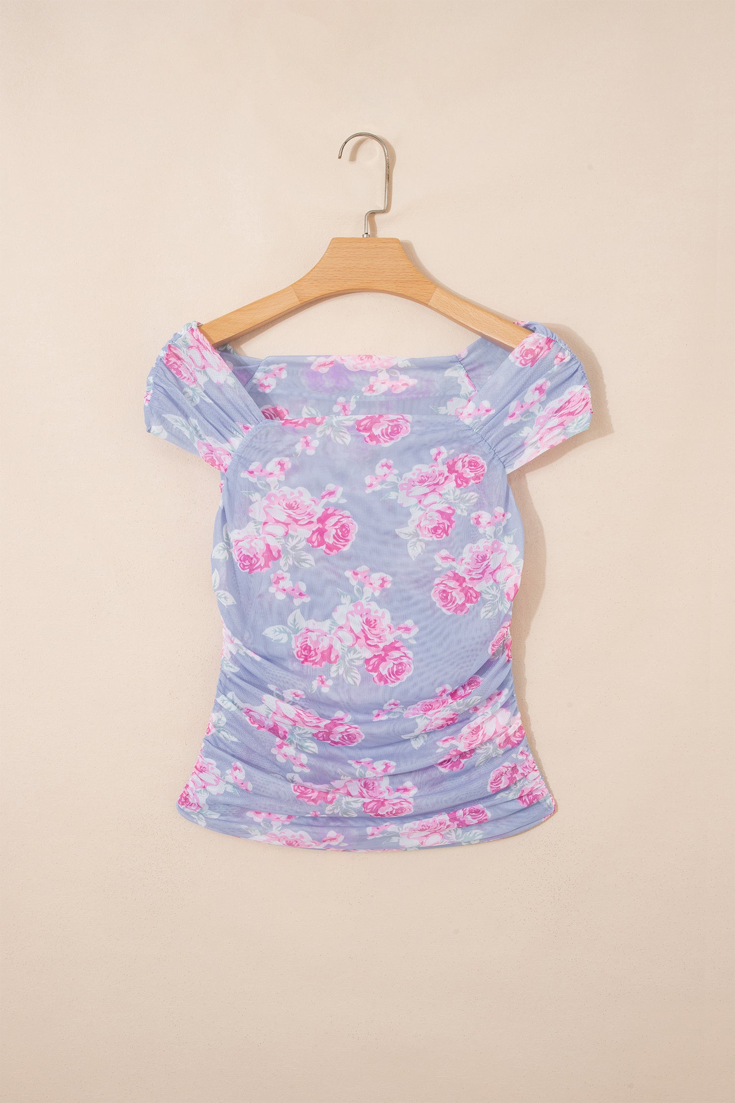Sky Blue Square Neck Cap Sleeve Ruched Floral Mesh Top