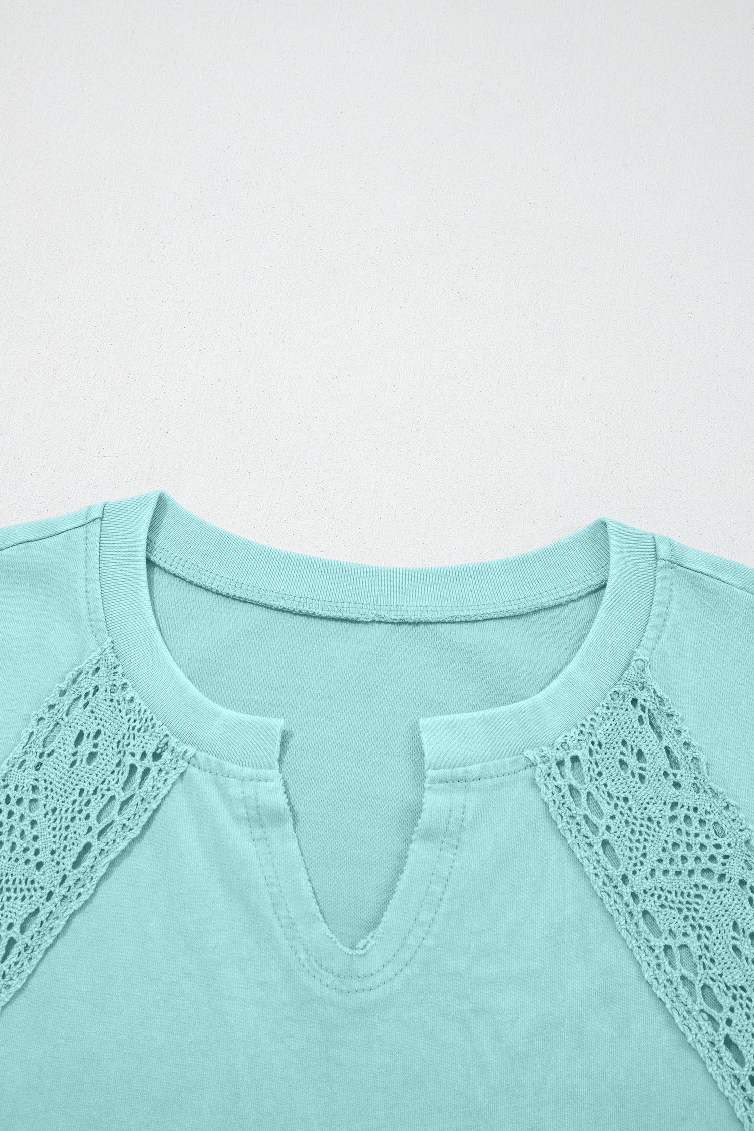 Mint Green Raw Cut Notched Neck Lace Patchwork Detail Mineral Wash Tee