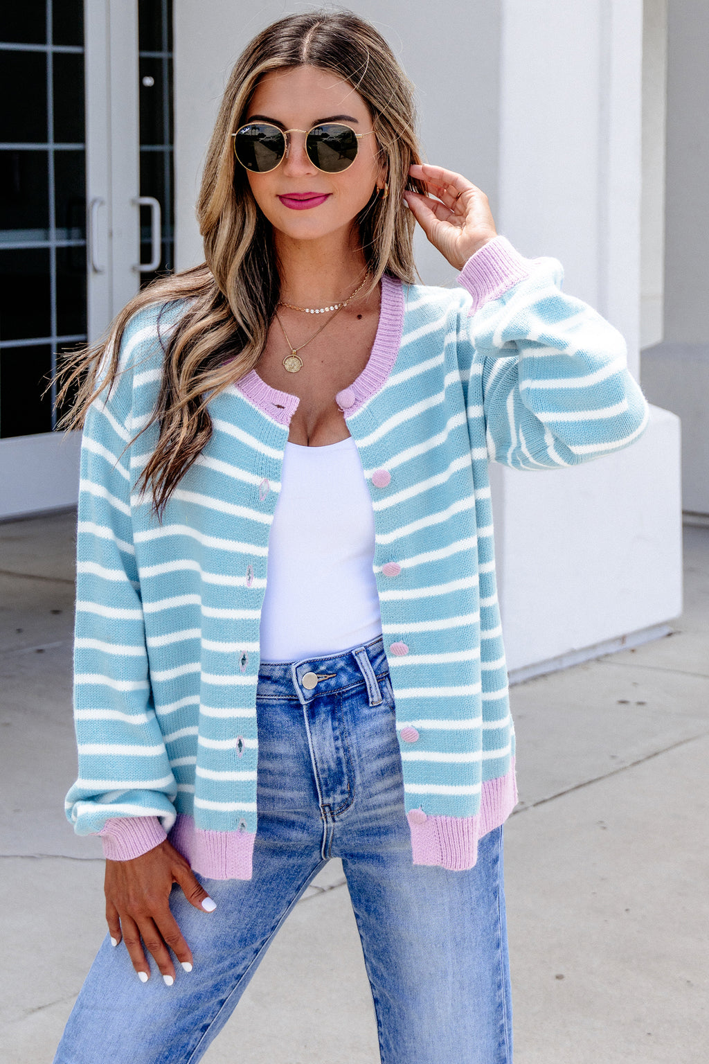 Sky Blue Stripe Striped Long Sleeve Round Neck Open Front Cardigan