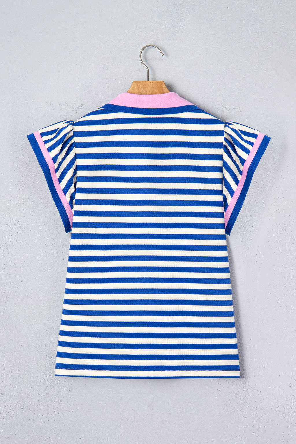 Blue Stripe Contrast Trim Polo Collar Ruffled Short Sleeve Blouse