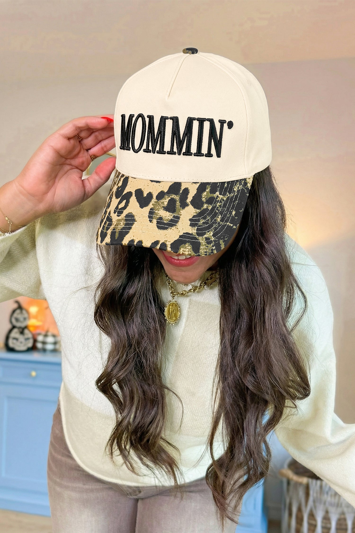 Black MOMMIN Embroidered Leopard Contrast Brim Baseball Cap