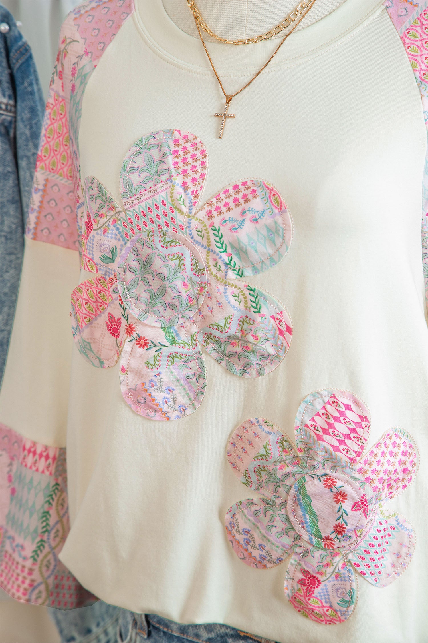 Beige Color Block Retro Floral Patchwork Long Sleeve Top