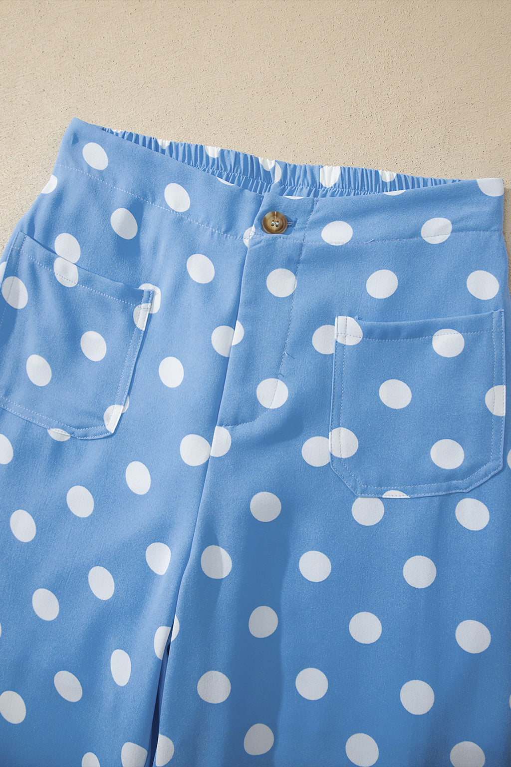 Sky Blue Polka Dot Print Patched Pocket Mid-rise Straight Leg Pants