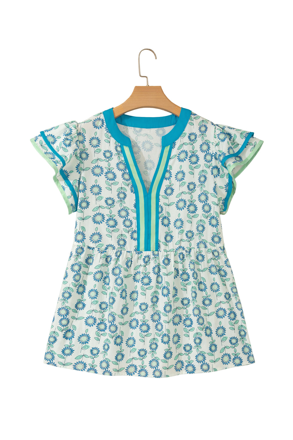 Green Sunflower Printed Contrast Trim V Neck Flutter Sleeve Blouse