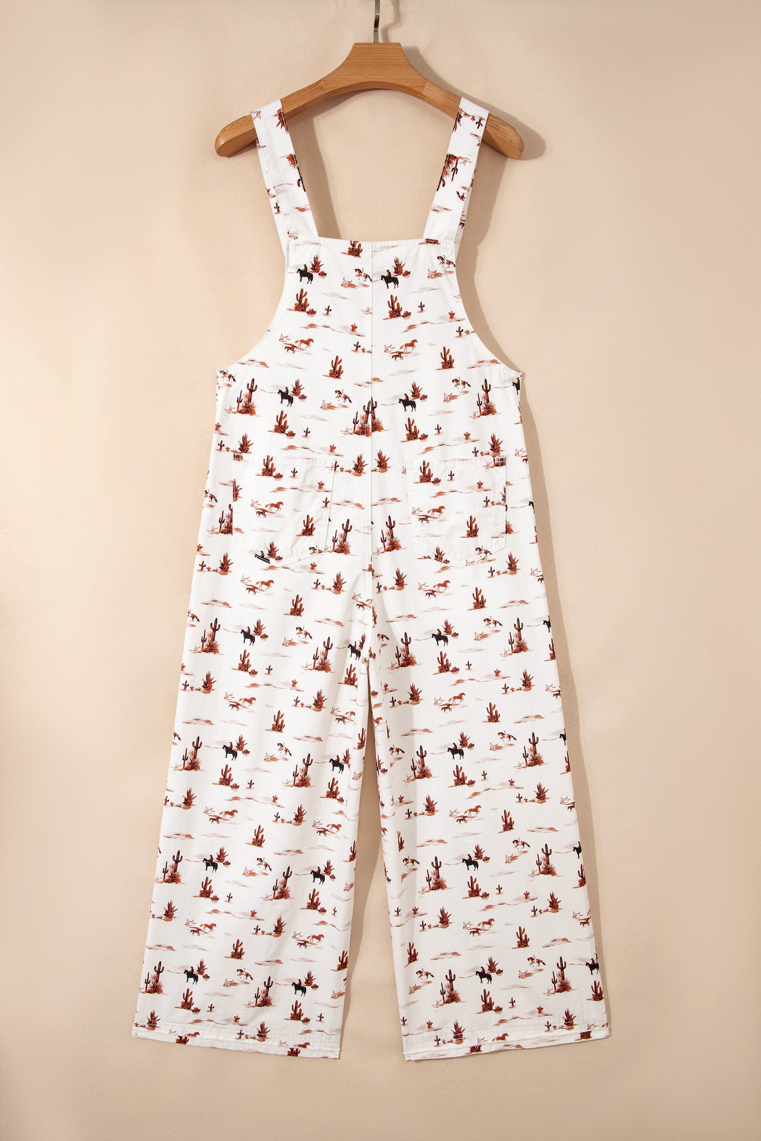 Beige Western Printed Button Adjustable Straps Loose Jumpsuit Dungarees