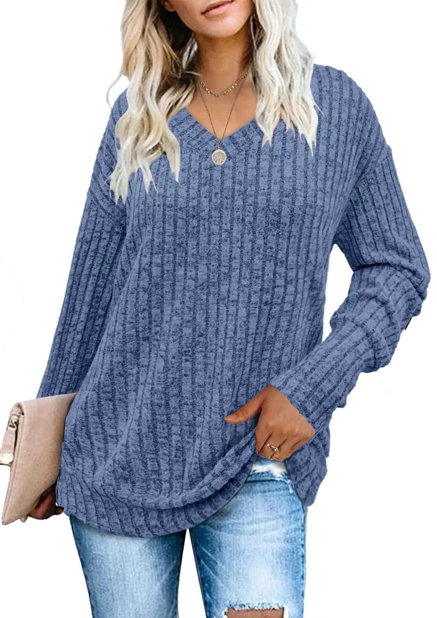 Womens V Neck Sweaters Lightweight Long Sleeve Tunic Tops Shirts Casual Sweatshirt Trendy Blue XX-Large